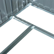 Close-up of the galvanised steel base frame corner joint of the shed