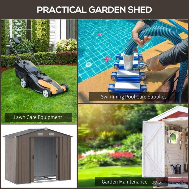 Collage showing the shed storing lawn care equipment, pool supplies and garden tools