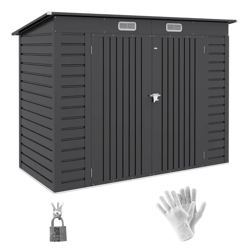 Dark grey 8x4ft Outsunny metal garden shed with pent roof, two vents and closed double doors