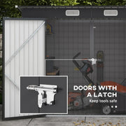 Close-up of the steel latch holding the double doors shut, captioned doors with a latch