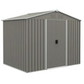 Light grey 8x6ft Outsunny metal garden shed with apex roof and closed sliding doors