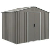 Light grey 8x6ft Outsunny metal garden shed with apex roof and closed sliding doors