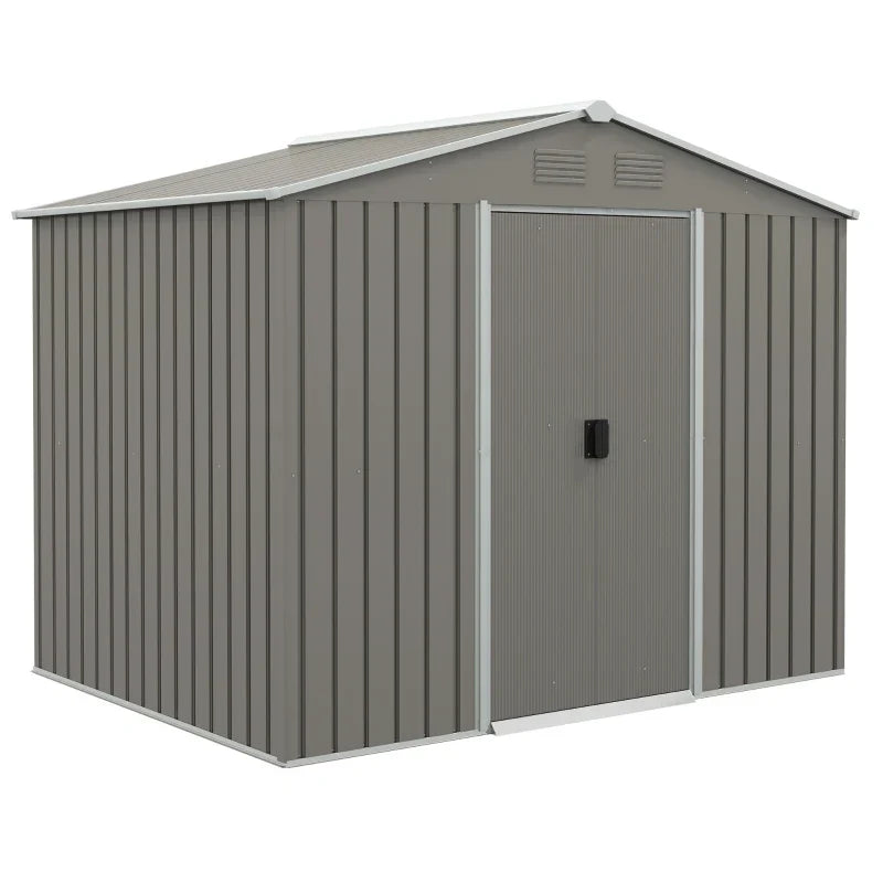 Light grey 8x6ft Outsunny metal garden shed with apex roof and closed sliding doors