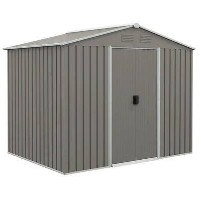 Light grey 8x6ft Outsunny metal garden shed with apex roof and closed sliding doors
