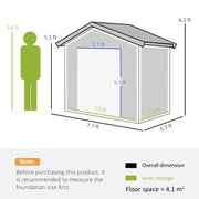 Dimension diagram: 7.7 x 5.7 ft overall, 7.4 x 5.3 ft inner storage, 6.2 ft ridge height