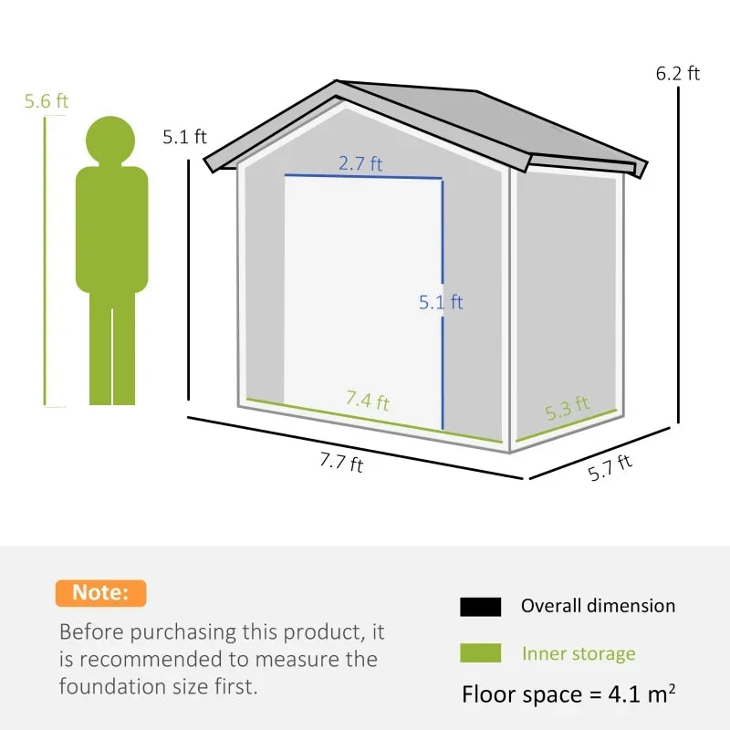 Dimension diagram: 7.7 x 5.7 ft overall, 7.4 x 5.3 ft inner storage, 6.2 ft ridge height