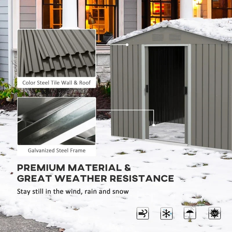 Snow covered shed with close-ups of the steel tile wall panel and galvanised steel frame