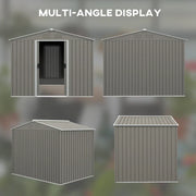 Multi-angle display showing front, rear, side and top views of the grey apex shed