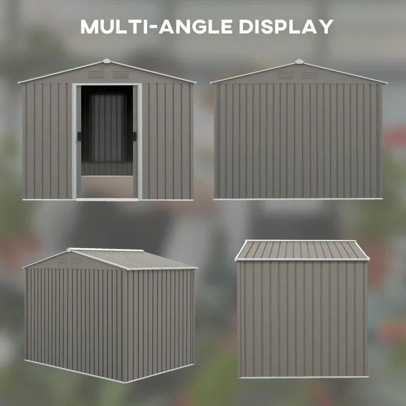 Multi-angle display showing front, rear, side and top views of the grey apex shed