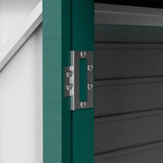 Close-up of the metal hinge joining a light grey door to the green shed frame