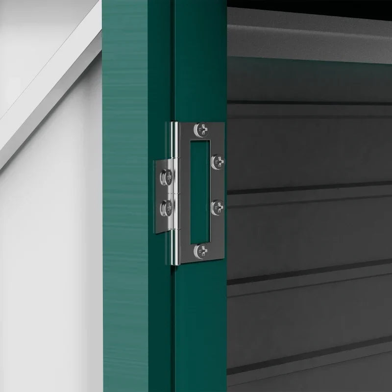 Close-up of the metal hinge joining a light grey door to the green shed frame