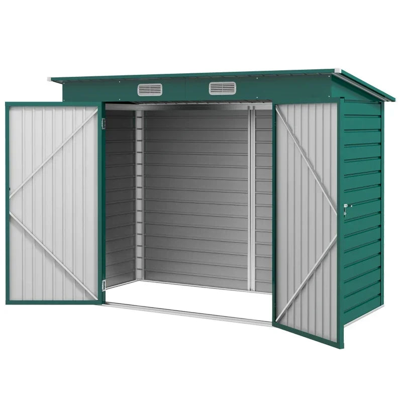 Studio shot of the green shed with both doors swung open showing the empty interior