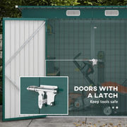 Close-up of the steel door latch that keeps the double doors shut and takes a padlock