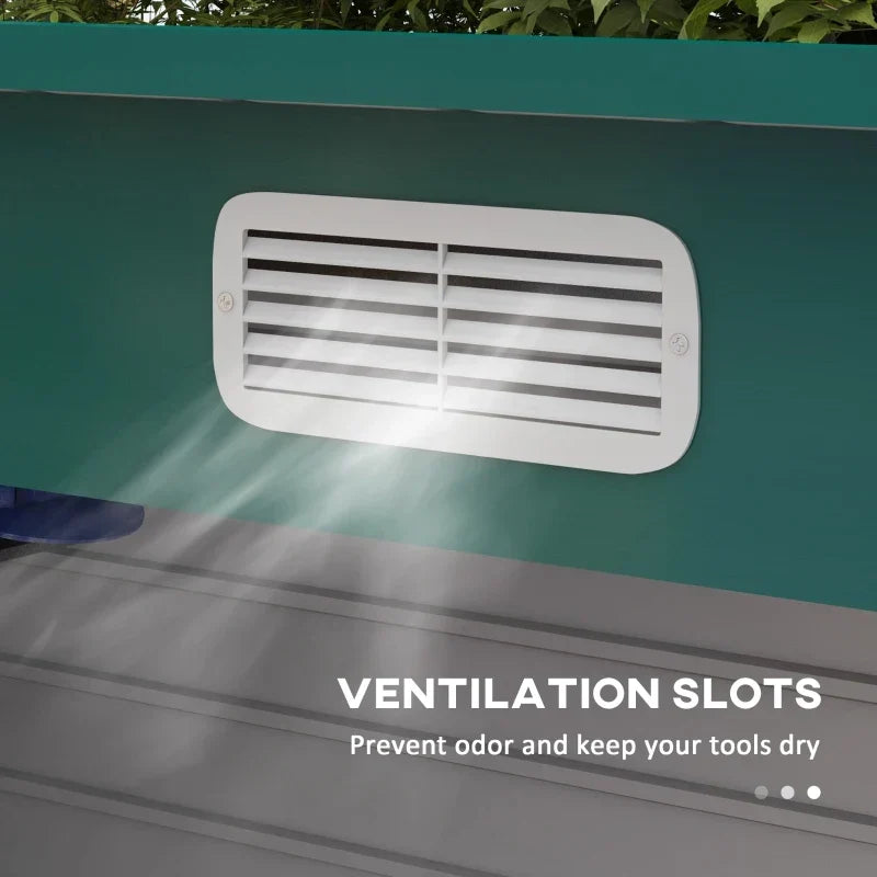 Close-up of a white louvred ventilation slot set into the green front panel