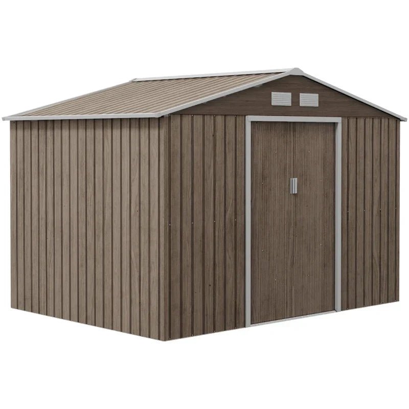 Wood effect brown 9x6ft metal garden shed with apex roof and closed sliding doors, studio shot