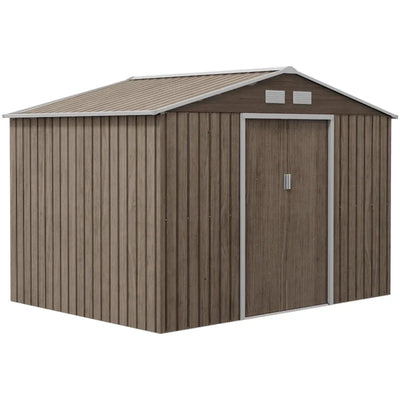 Wood effect brown 9x6ft metal garden shed with apex roof and closed sliding doors, studio shot