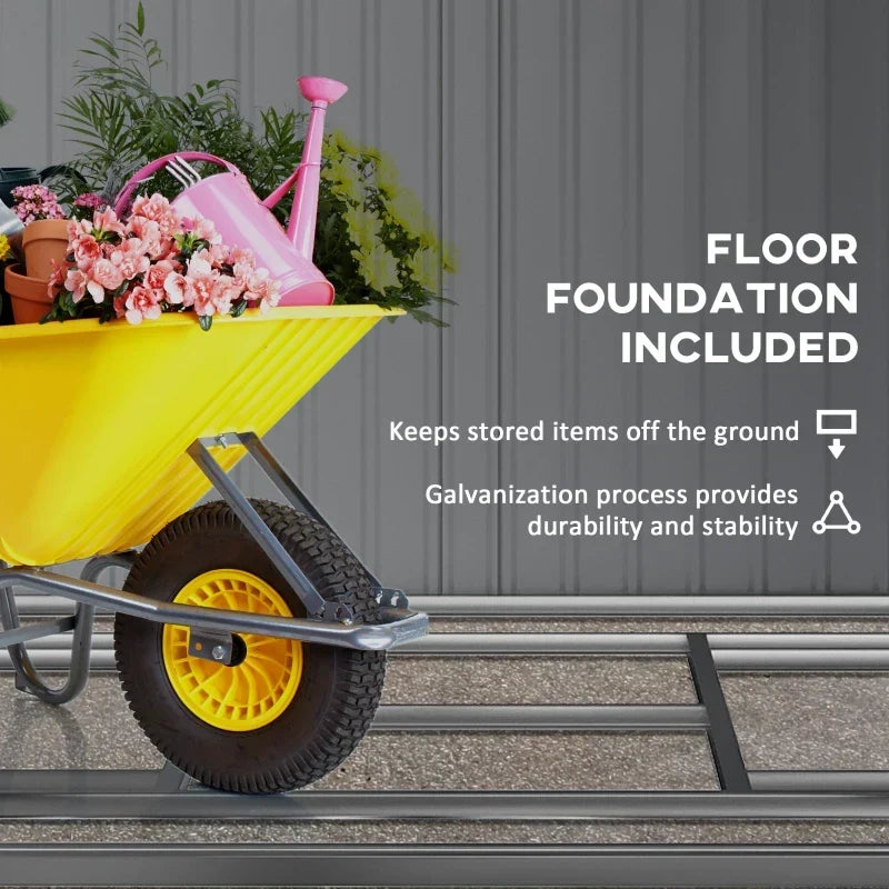 Foundation kit feature panel with a yellow wheelbarrow, showing the frame that keeps stored items off the ground