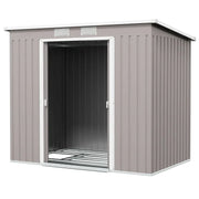 Studio view of the shed with one sliding door pushed open, showing the empty interior and the base frame