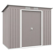 Light grey 7x4ft Outsunny metal garden shed with a pent roof and closed double sliding doors, studio view