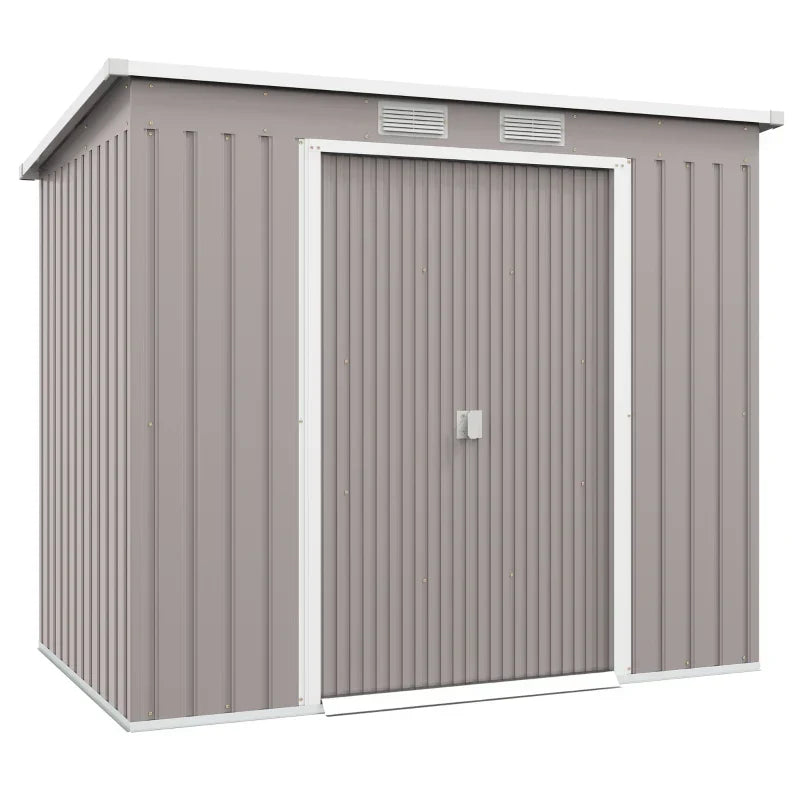 Light grey 7x4ft Outsunny metal garden shed with a pent roof and closed double sliding doors, studio view