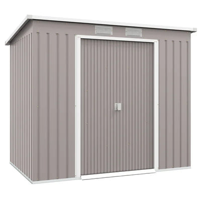 Light grey 7x4ft Outsunny metal garden shed with a pent roof and closed double sliding doors, studio view