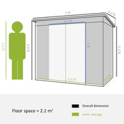 Dimension diagram of the 7x4ft pent roof shed: 7 x 4.3ft overall, 5.6ft to 5.2ft high, 6.6 x 3.4ft inside, 2.1 square metre floor