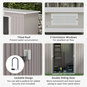 Four panels showing the sloping pent roof, 2 ventilation louvres, the padlock-ready catch and the double sliding doors
