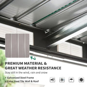 View up at the shed's galvanised steel roof frame and louvre vents, with a wall panel sample alongside