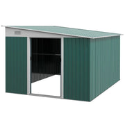 Studio view of the green lean to shed with one sliding door slid open showing the empty interior