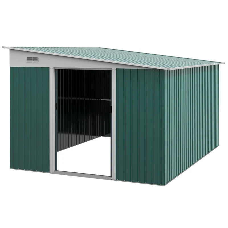 Studio view of the green lean to shed with one sliding door slid open showing the empty interior
