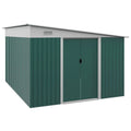 Green Outsunny 11x9ft lean to metal garden shed with white trim, sloping roof and closed double sliding doors