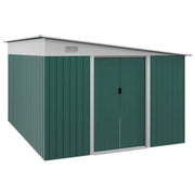 Green Outsunny 11x9ft lean to metal garden shed with white trim, sloping roof and closed double sliding doors