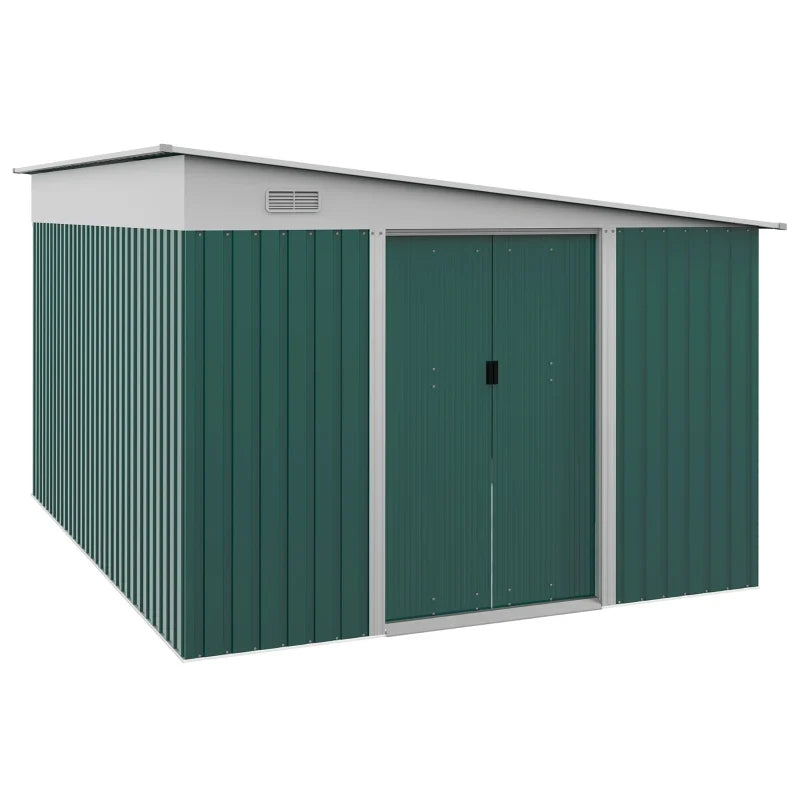 Green Outsunny 11x9ft lean to metal garden shed with white trim, sloping roof and closed double sliding doors