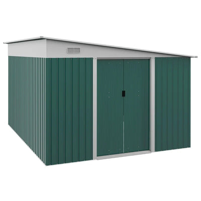 Green Outsunny 11x9ft lean to metal garden shed with white trim, sloping roof and closed double sliding doors
