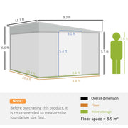 Dimension diagram: 11.3ft by 9.2ft overall, roof falling from 6.6ft to 5.5ft, 3.1ft wide door, 8.9 square metre floor space