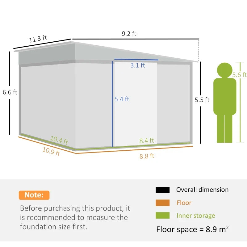 Dimension diagram: 11.3ft by 9.2ft overall, roof falling from 6.6ft to 5.5ft, 3.1ft wide door, 8.9 square metre floor space