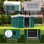 Feature panel showing the tilted roof, 2 ventilation windows, lockable padlock design and double sliding doors