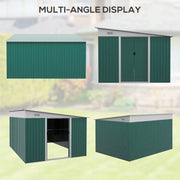Multi-angle display of the green lean to shed from four sides, with the sliding doors both closed and open