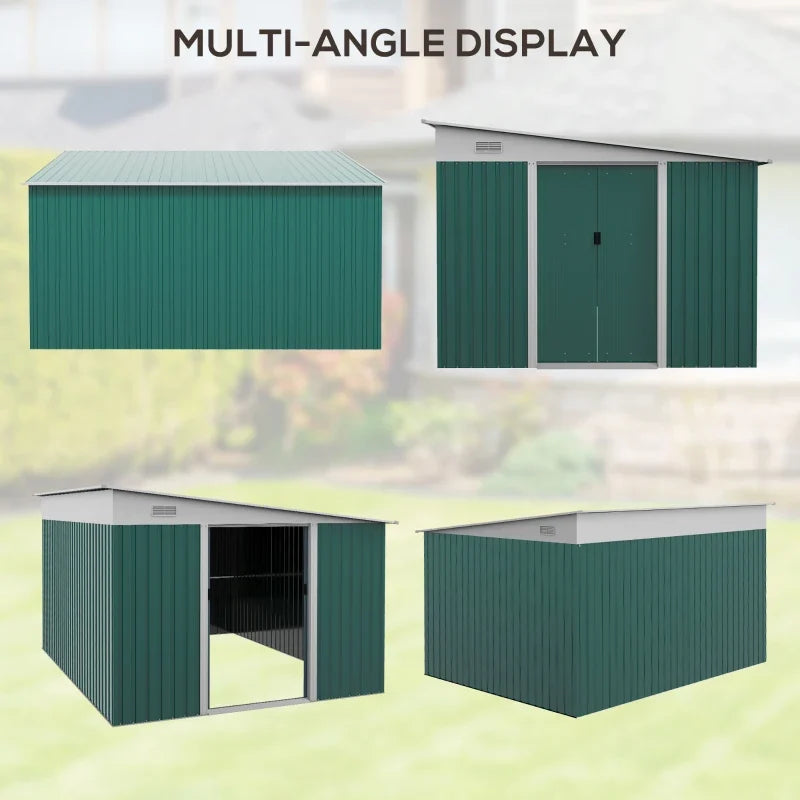 Multi-angle display of the green lean to shed from four sides, with the sliding doors both closed and open