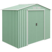 Studio view of the closed light green apex shed from the front and side