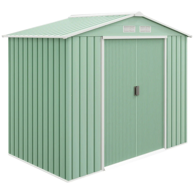 Studio view of the closed light green apex shed from the front and side