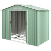 Studio front view of the light green shed with doors open showing the foundation rails