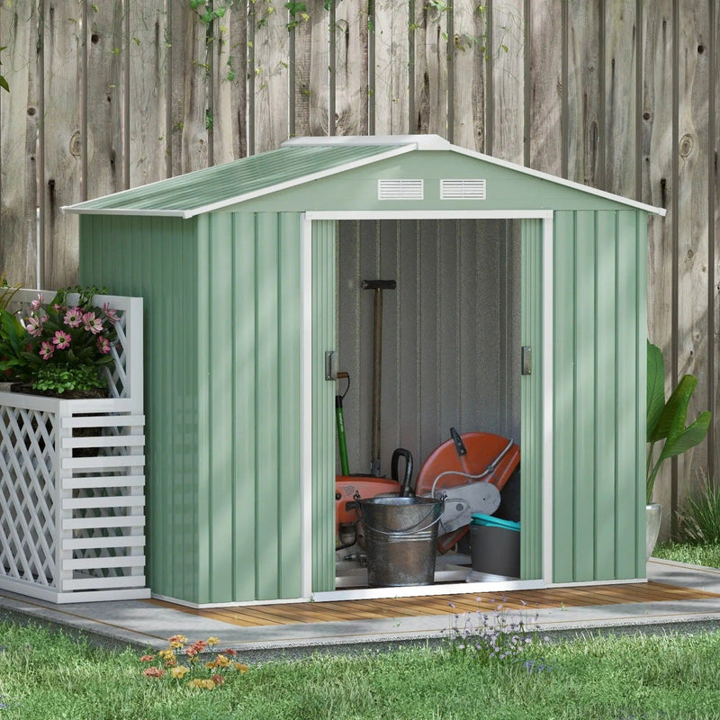 Light green Outsunny 7x4ft metal garden shed with apex roof and open sliding doors
