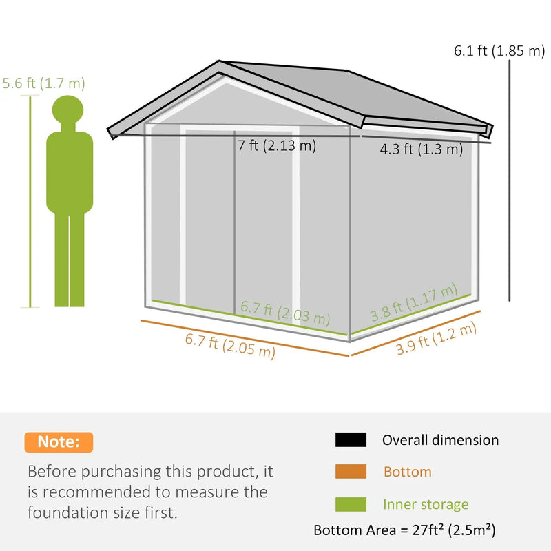 Dimension diagram showing the shed at 213 x 130 cm and 185 cm high to the ridge