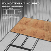 Foundation kit diagram showing the 196 x 69 cm steel frame, floor board not included