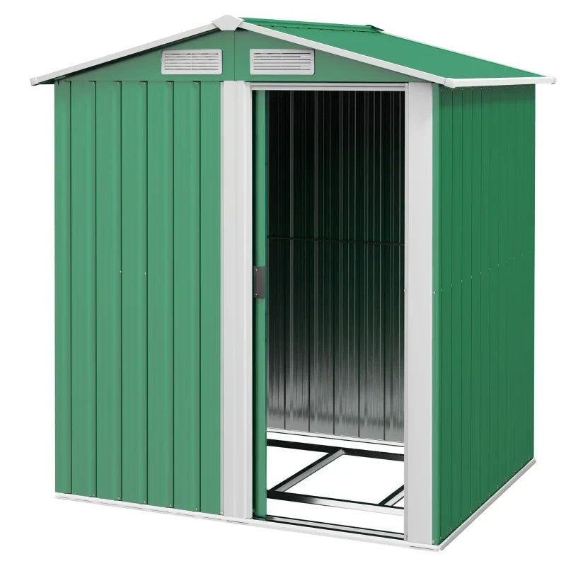 Green metal garden shed with the sliding door open, showing the empty interior and the floor foundation frame