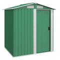 Green and white 5x4ft Outsunny metal garden shed with apex roof and closed sliding door, studio view