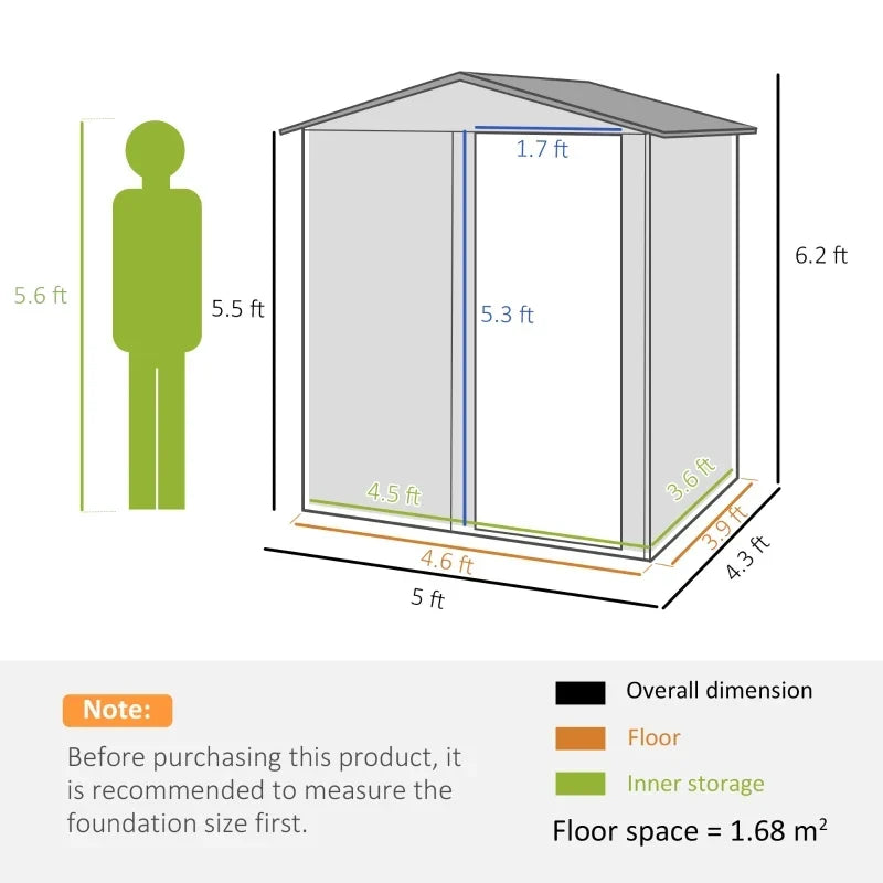 Dimension diagram of the metal shed showing 5 x 4.3ft overall, 6.2ft high, a 4.6ft floor and 1.68 square metres of floor space