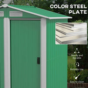 Close-up of the green coated steel cladding, labelled sturdy and durable, reliable use and easy to clean