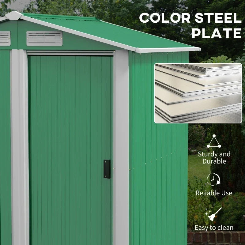 Close-up of the green coated steel cladding, labelled sturdy and durable, reliable use and easy to clean